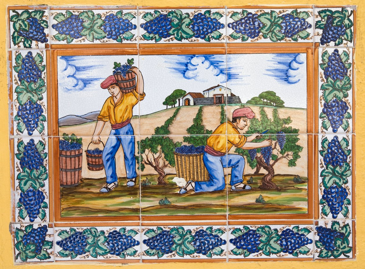 Azulejos cerámicos españoles modernos al estilo del siglo XVII o XVIII que muestran a trabajadores de viñedos cortando racimos de uvas de Unknown