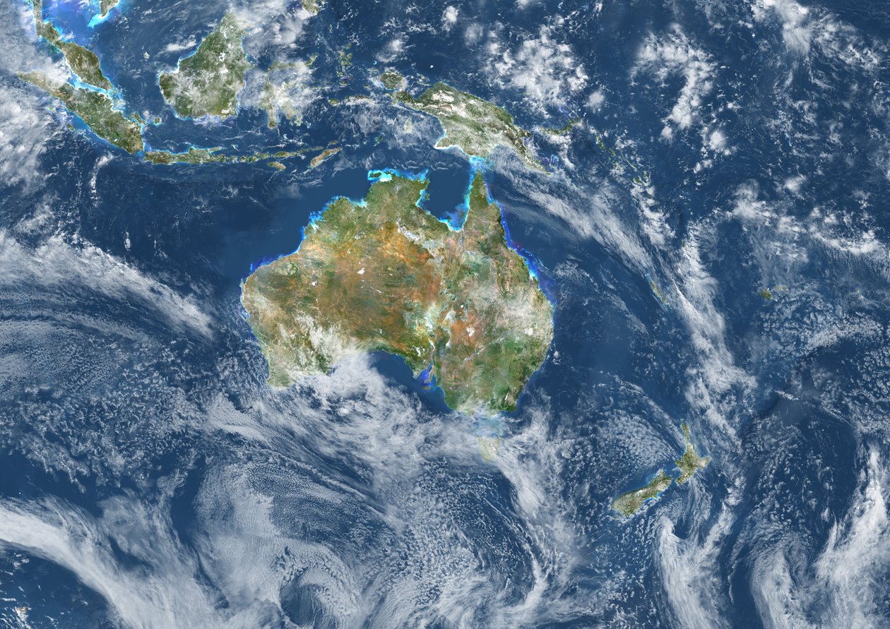 Oceanía con cobertura de nubes, imagen satelital en color verdadero de Unknown