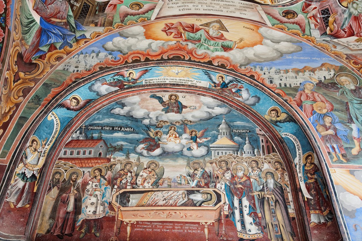 Pinturas de Zahari Zograf en las paredes exteriores del Monasterio de Rila de Unknown