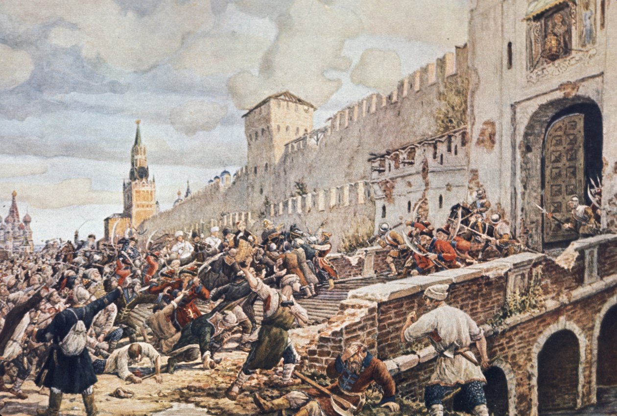 Levantamiento de campesinos y trabajadores en Moscú, 1648, la revuelta fue contra la corrupción en la recaudación de impuestos (especialmente la sal), la escasez de alimentos y la devaluación de la moneda que infló los bienes de consumo de Unknown
