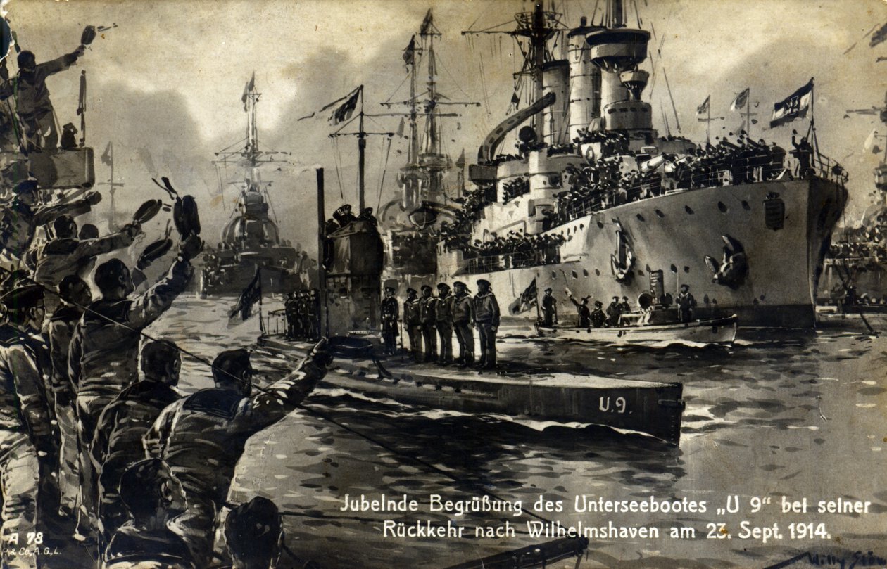Postal de marineros dando la bienvenida al submarino U9 a su regreso a Wilhelmshaven, 23 de septiembre de 1914 de Unknown
