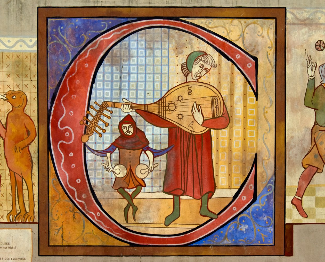 Reproducción de un dibujo que muestra a un jugador de laúd medieval y un tamborilero tocando nakers (o nakirs) de Unknown