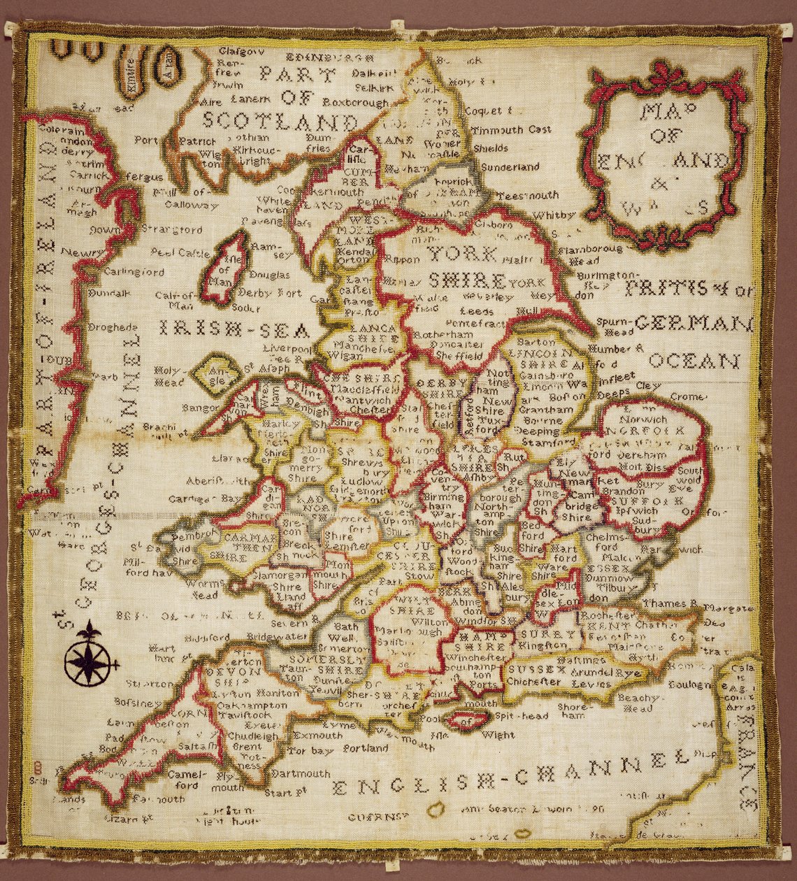 Muestrario que representa un Mapa de Inglaterra y Gales, punto de cadeneta, punto doble y punto de satén, por Ann Seaton de Lincoln, 1798 de Unknown