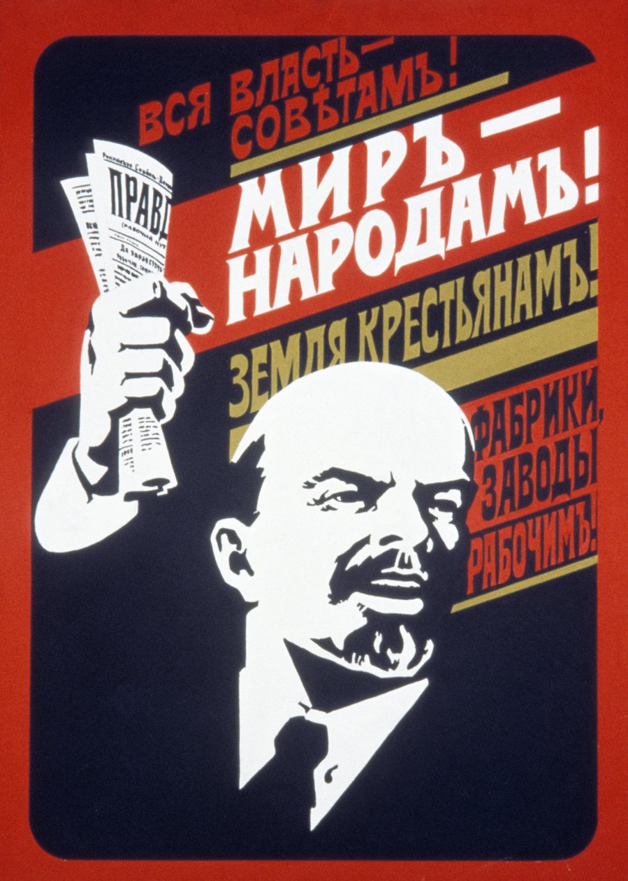 Cartel de propaganda soviética de los años 1920, ¡Todo el poder a los soviets! ¡Paz para el pueblo! ¡Tierra para los campesinos! ¡Fábricas y molinos para los trabajadores!. de Unknown