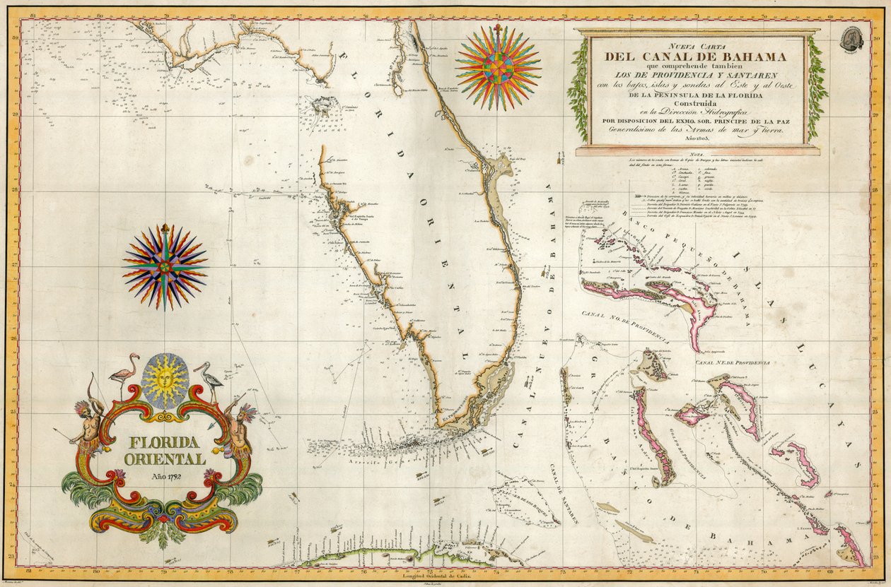 Mapa español de Florida y las Bahamas, 1805 (grabado coloreado a mano) de Unknown