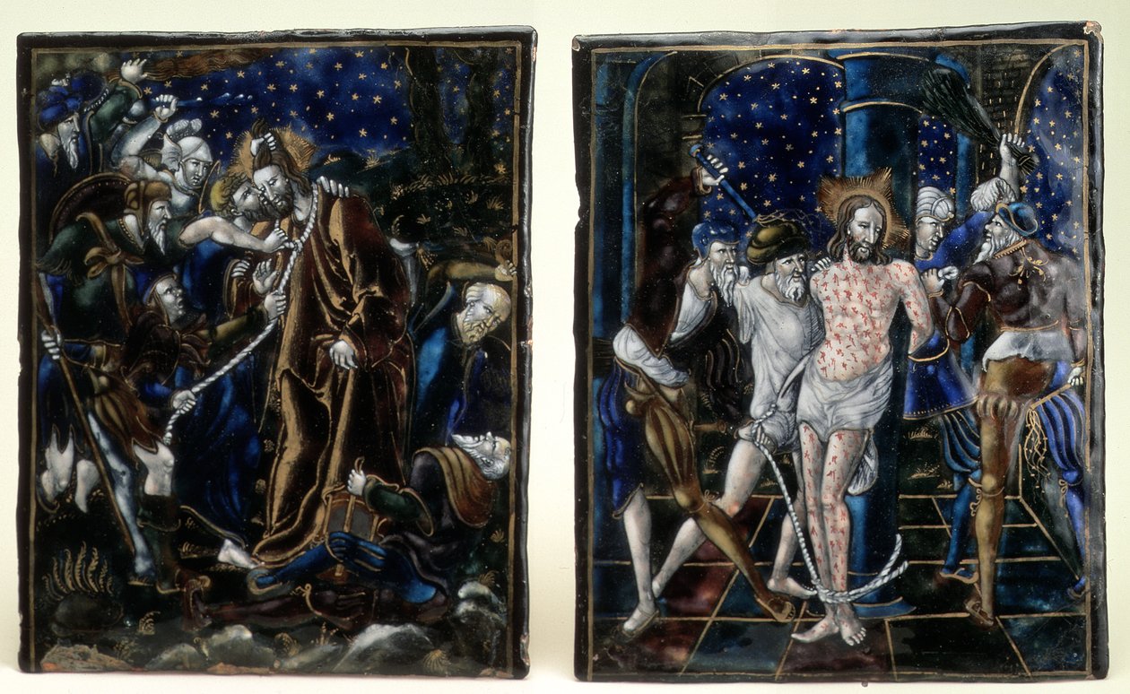 El Beso de Judas y La Flagelación de Cristo: dos placas esmaltadas de la serie Pasión de Nuestro Señor, Limoges, mediados del siglo XVI de Unknown