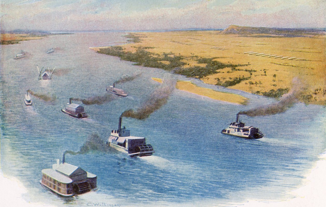 El avance de la fuerza anglo-egipcia sobre Omdurman, Sudán a lo largo del río Nilo en 1898 antes de la Batalla de Omdurman de Unknown