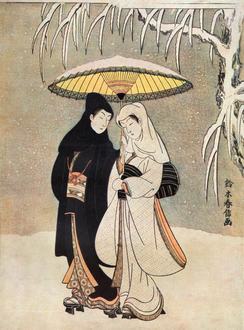 Dos amantes en la nieve bajo un paraguas por Suzuki Harunobu de Unknown