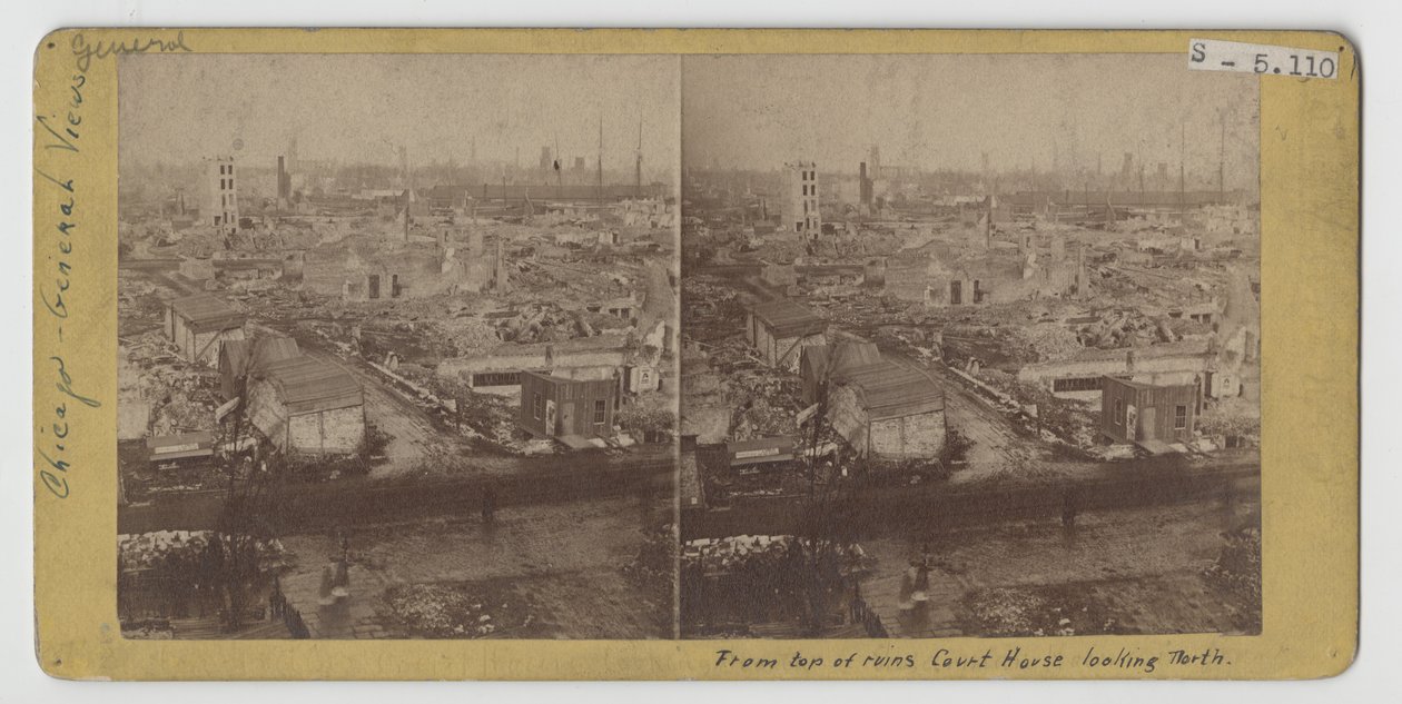 Vista estereográfica desde la cima de las ruinas del juzgado, mirando hacia el norte, después del incendio de Chicago de 1871 de American Photographer