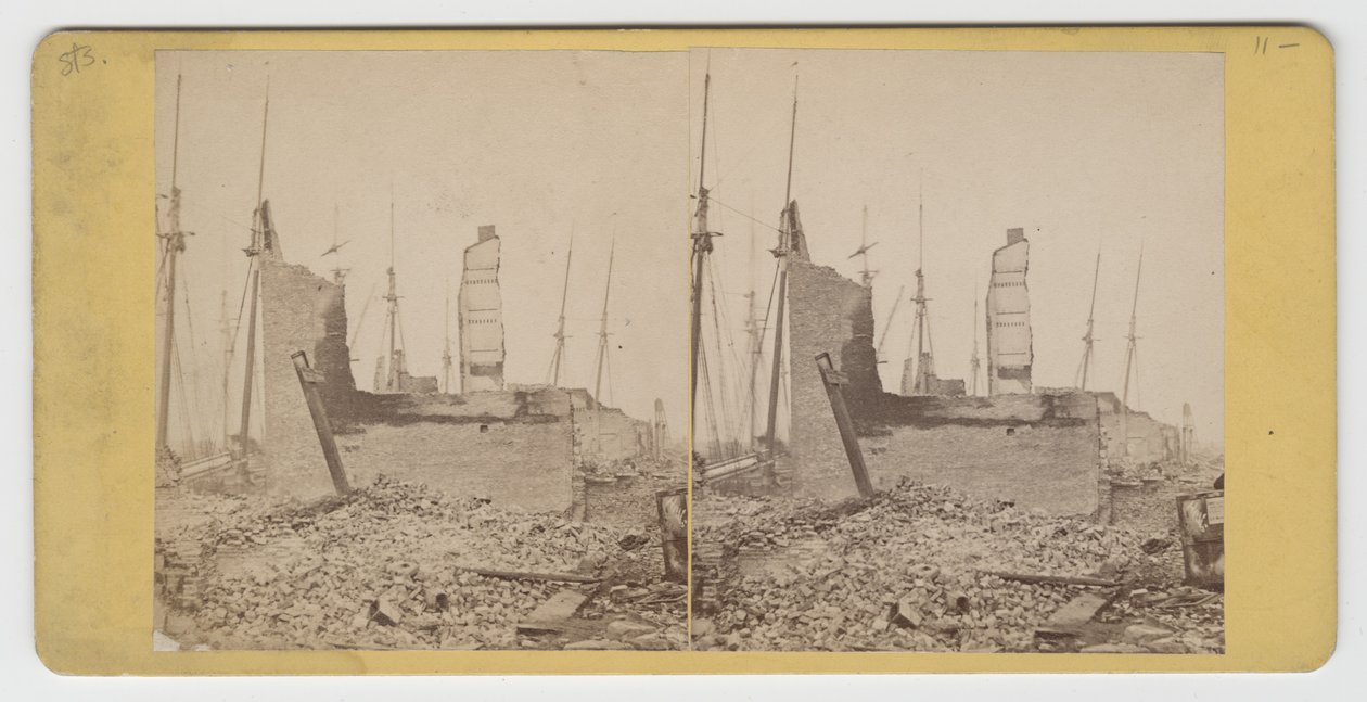 Vista estereográfica de South Water St., entre Clark y Wells, después del incendio de Chicago de 1871 de American Photographer
