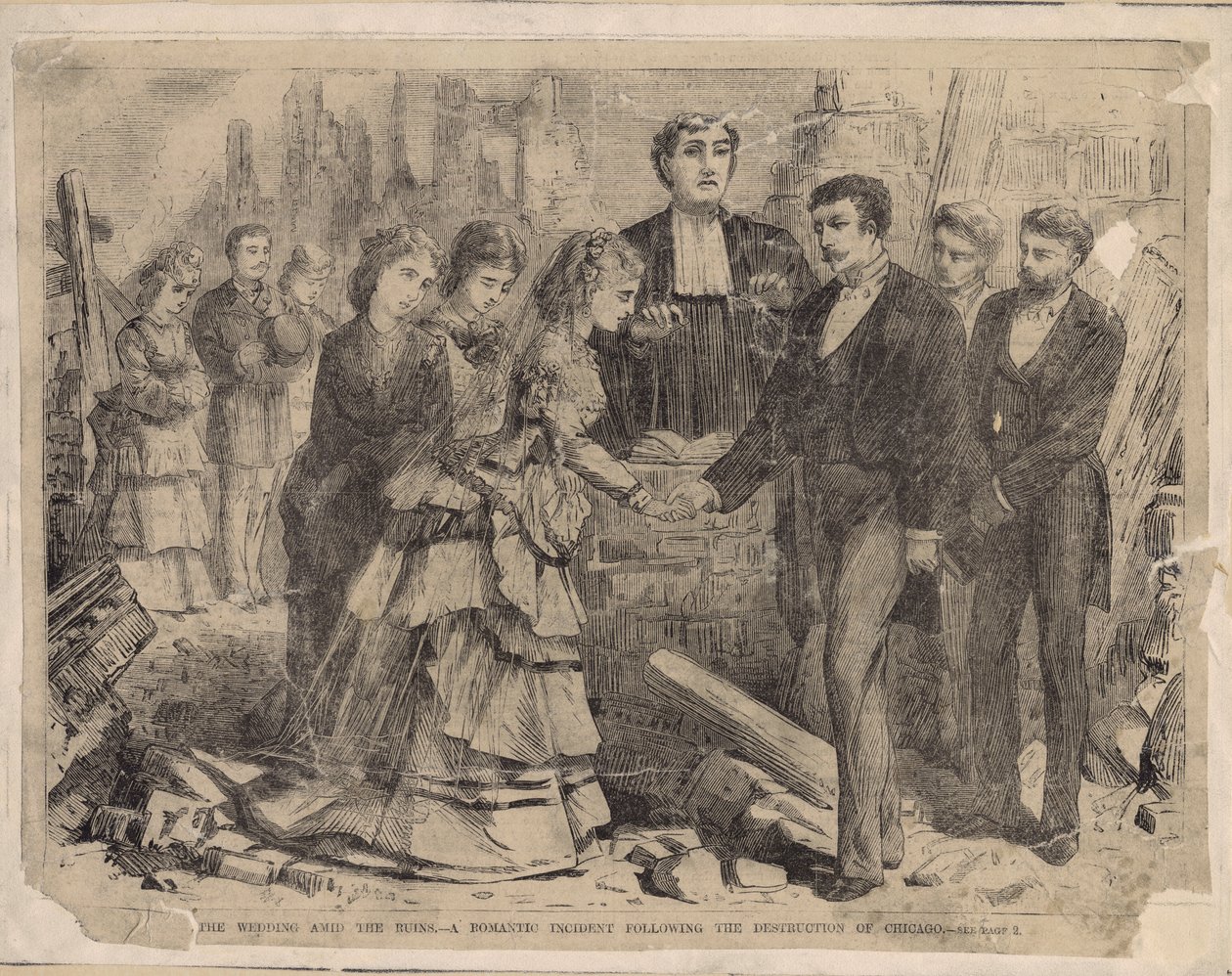 Una boda entre las ruinas - Un incidente romántico tras la destrucción de Chicago, ilustración de Harpers Weekly, 1871 de American School