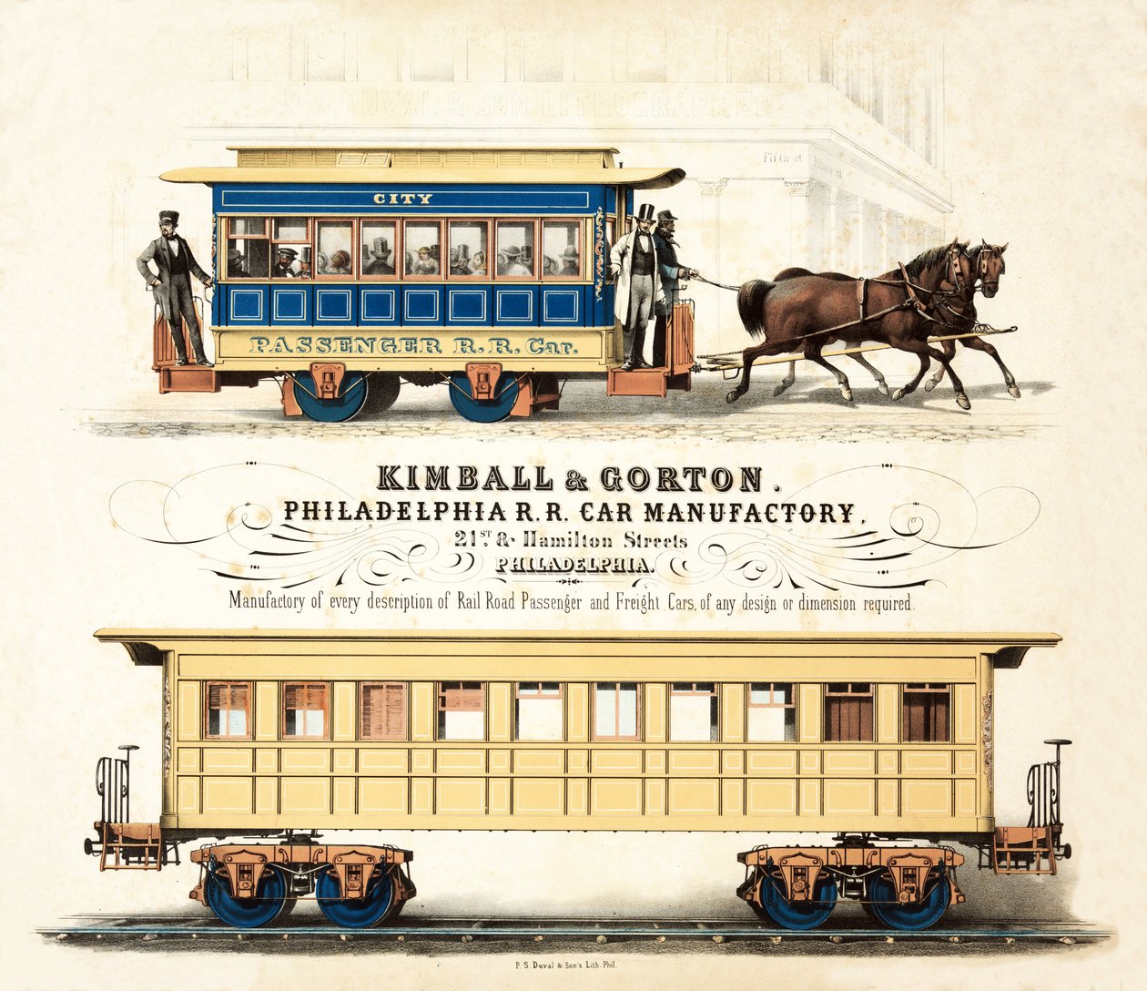 Anuncio para Kimball & Gorton, Fábrica de Vagones de Ferrocarril de Filadelfia, publicado c.1857 de American School