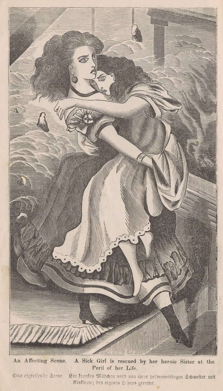 Una escena conmovedora, Ilustración de una mujer rescatando a su hermana durante el incendio de Chicago de 1871, del libro de George L. Barclay, El gran incendio de Chicago, 1872 de American School