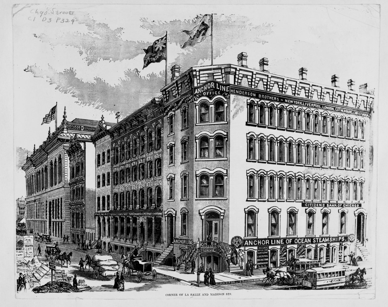 Oficina de Anchor Line en la esquina de LaSalle y Madison Streets, Chicago, c.1875 de American School