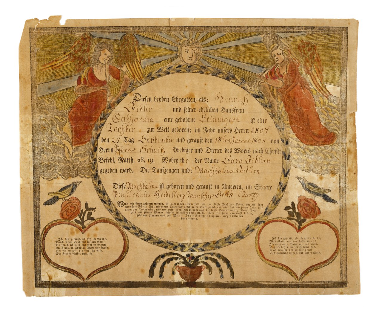 Certificado de nacimiento y bautismo, c. 1815 de American School
