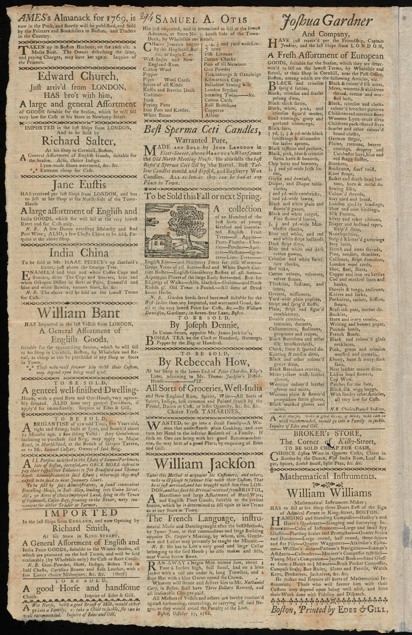 Anuncios de Boston para bienes sujetos a derechos de importación y restricciones comerciales, del Boston Gazette and Country Journal, 7 de noviembre de 1768 de American School