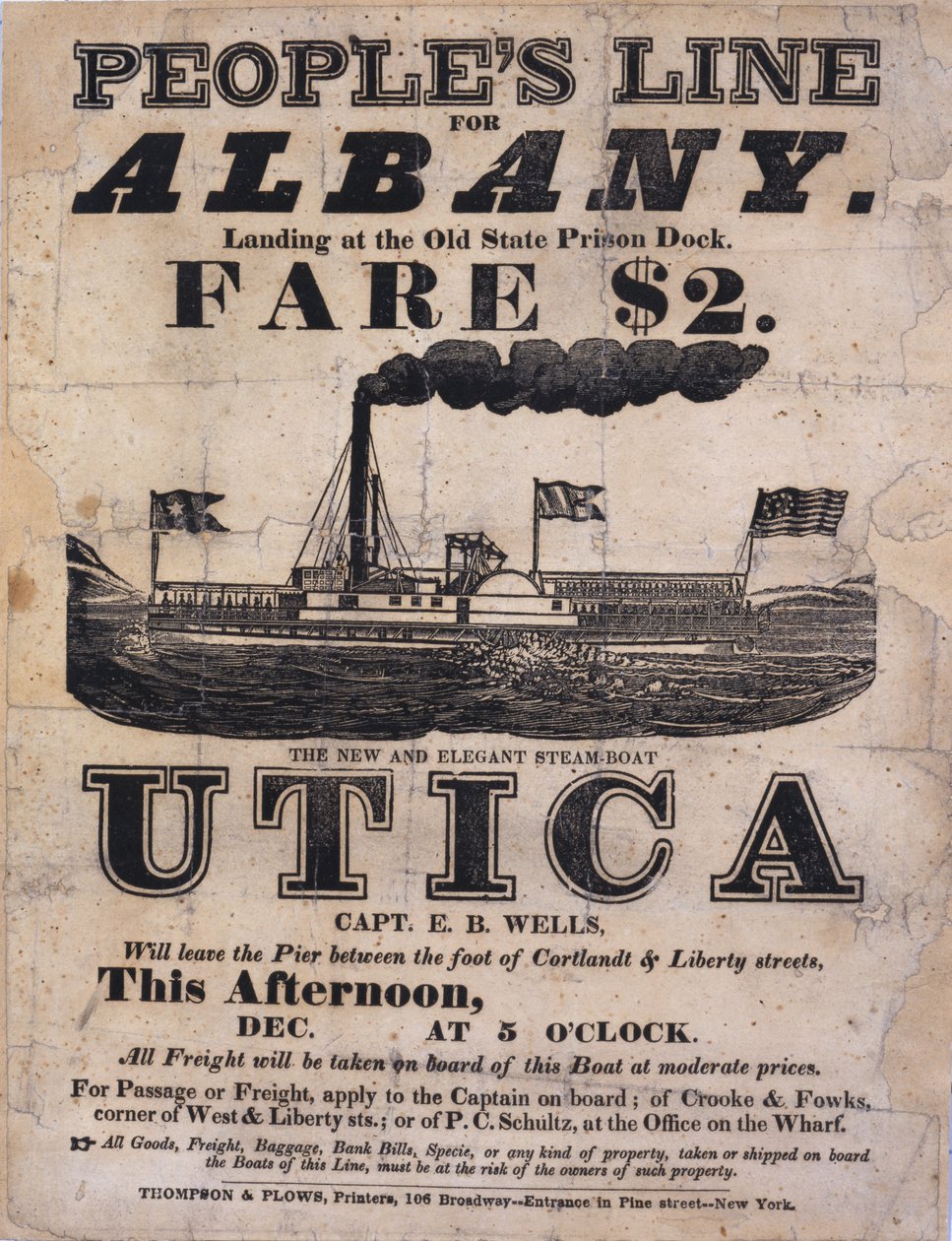 Cartel publicitario de Peoples Line para Albany, el nuevo y elegante barco de vapor Utica de American School