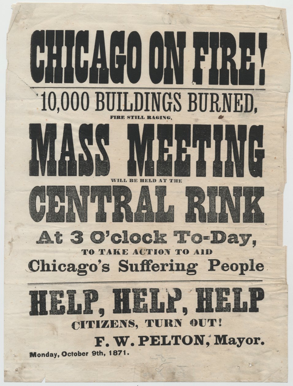 Cartel anunciando un mitin en Cleveland, Ohio, para ayudar a las víctimas del incendio de Chicago de 1871, 1871 de American School