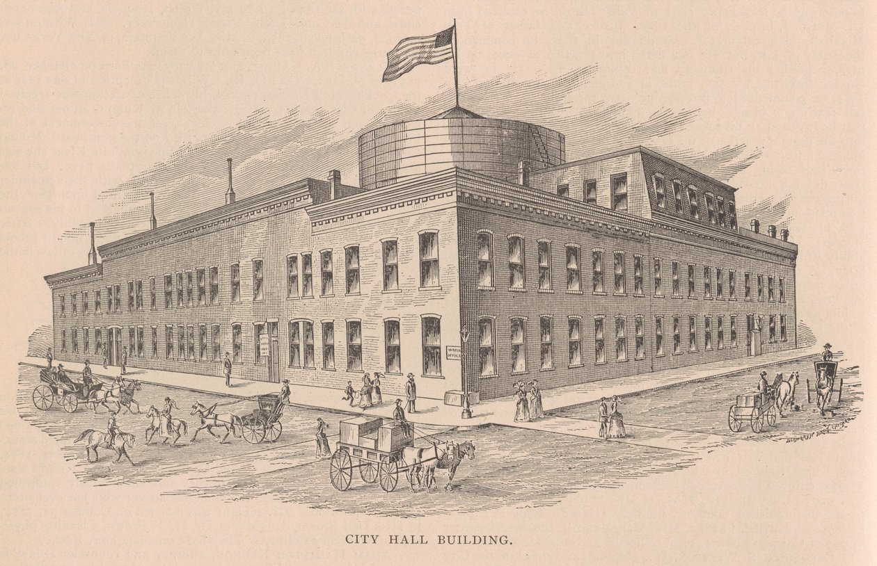 Edificio del Ayuntamiento, ilustración de la Historia de Chicago vol. 2 por Alfred Theodore Andreas, publicado en 1885 de American School