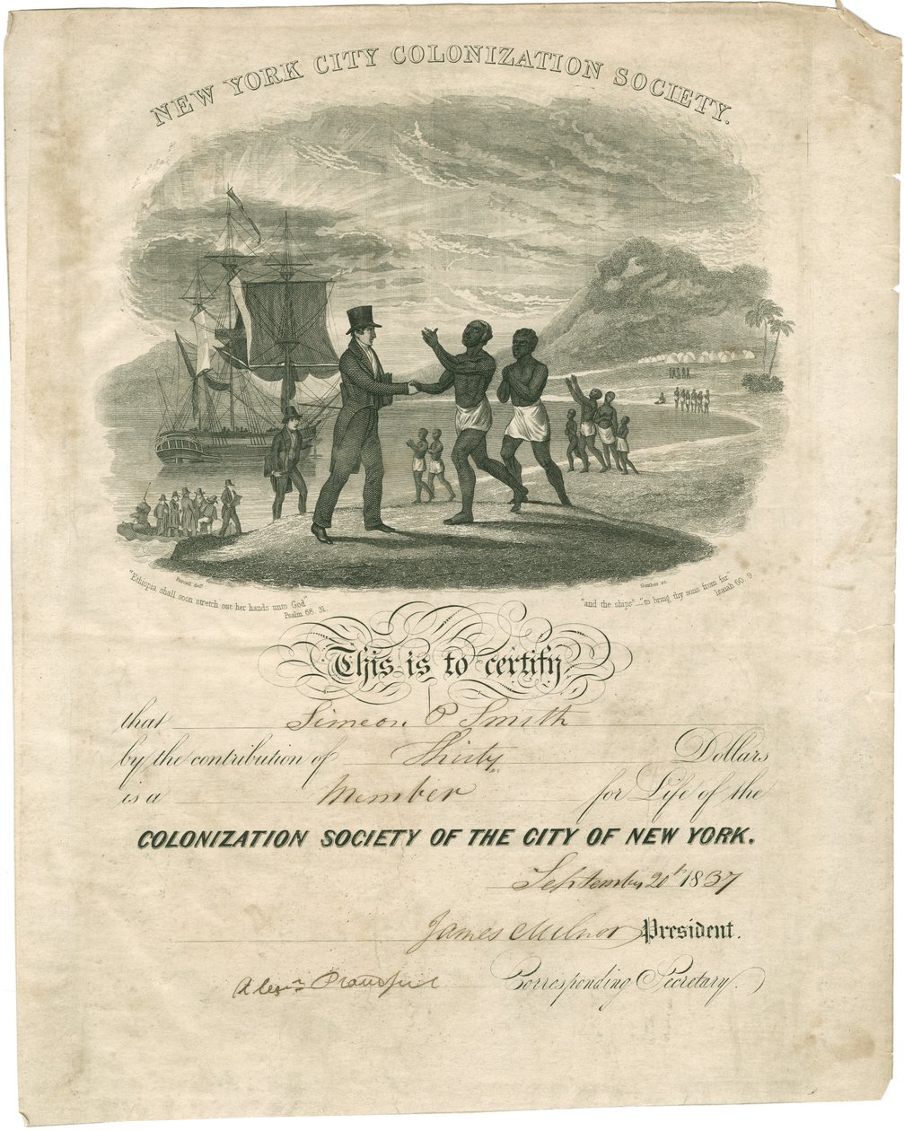 Certificado de la Sociedad de Colonización para Simeon P. Smith, 1837 de American School