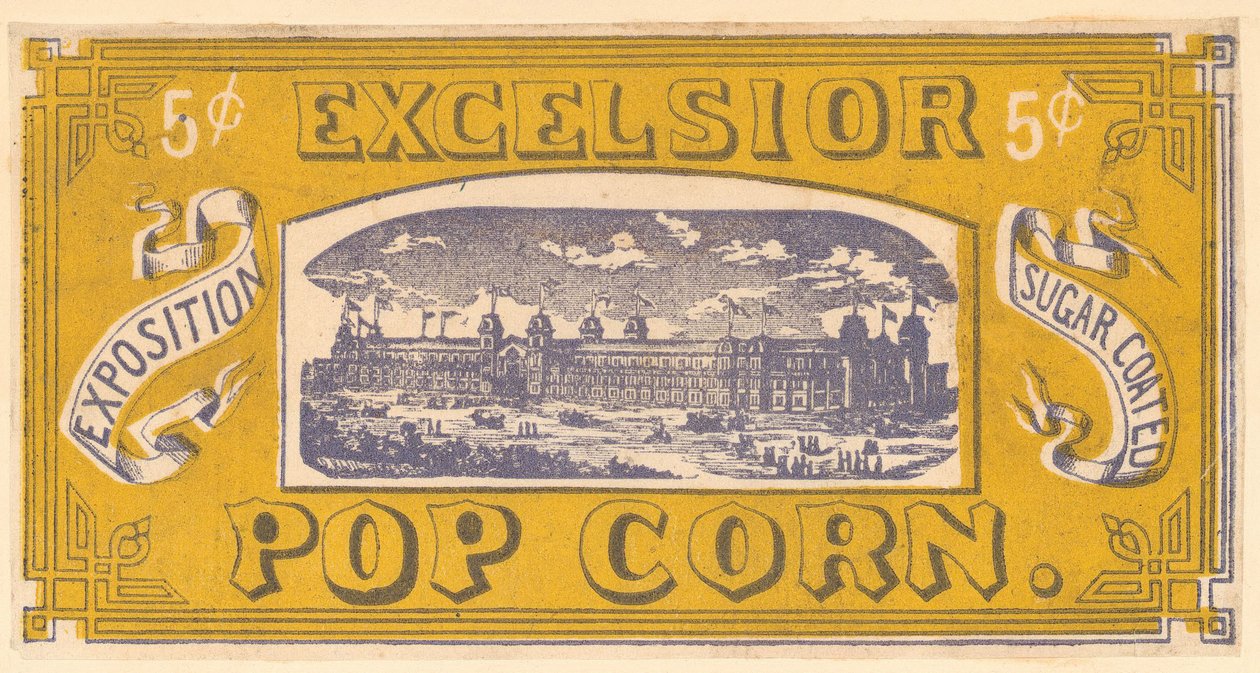 Tarjeta comercial de palomitas Excelsior, Exposición del Centenario, Filadelfia, 1876 de American School