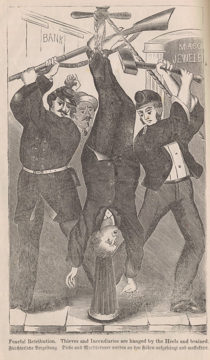 Terrible Retribución, Ladrones e Incendiarios Colgados de los Talones y Aplastados, de Los Grandes Incendios de Chicago por George L. Barclay, 1872 de American School