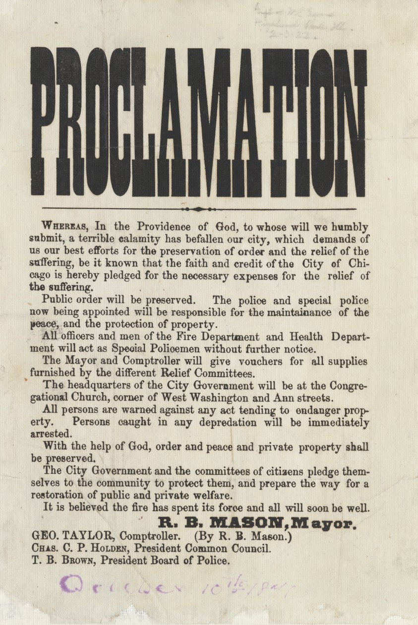 Primera proclamación del alcalde de Chicago Roswell B. Mason sobre el incendio de Chicago, 1871 (impreso) de American School