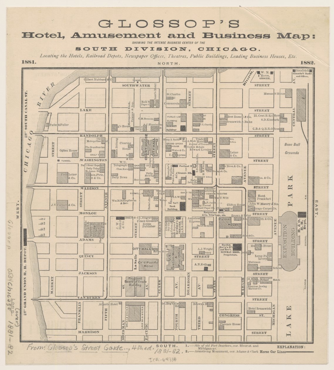 Mapa de Glossops Hotel, Amusement y Business, c.1881-82 de American School