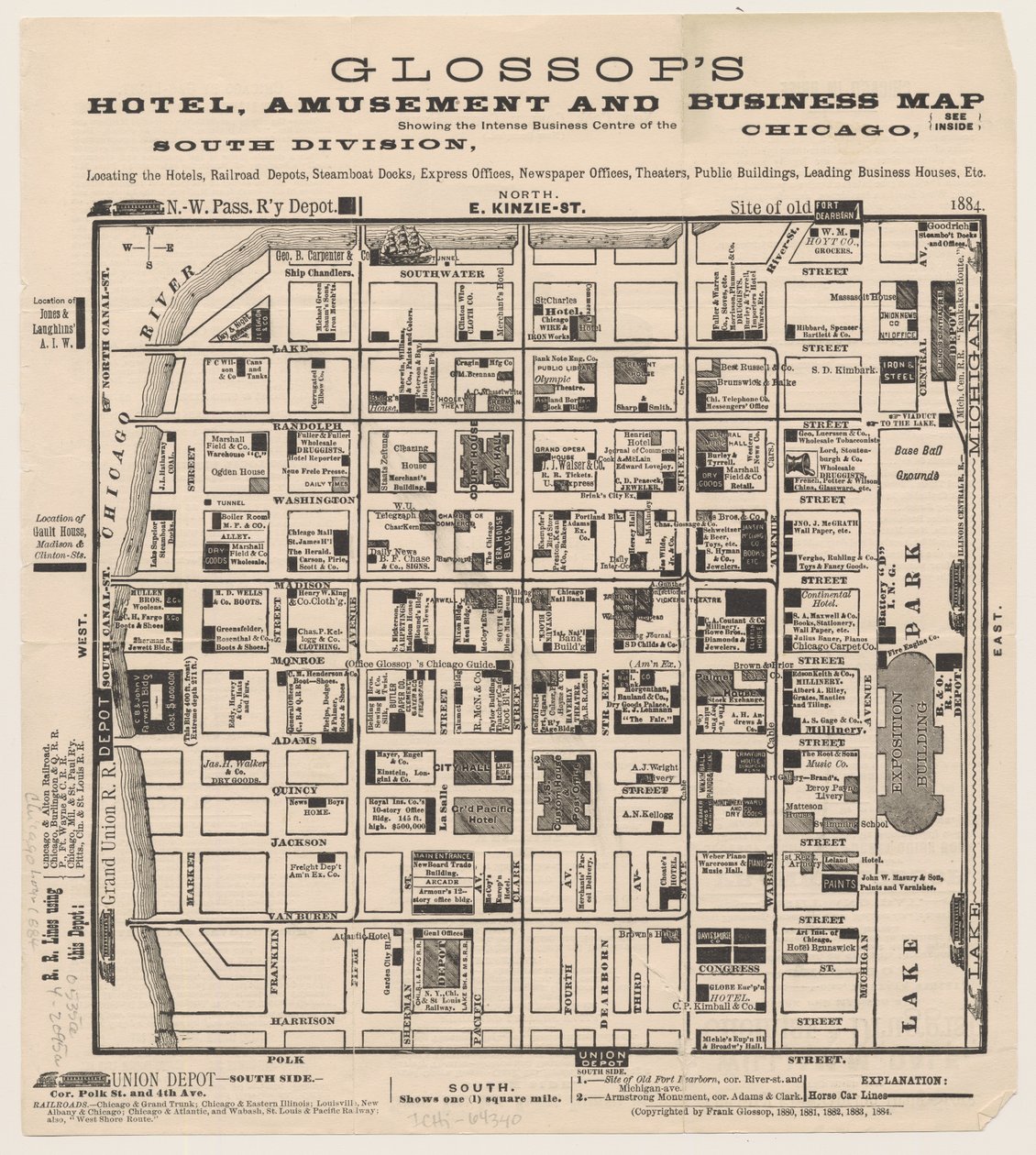 Mapa de Glossops Hotel, Amusement y Business, c.1884 de American School