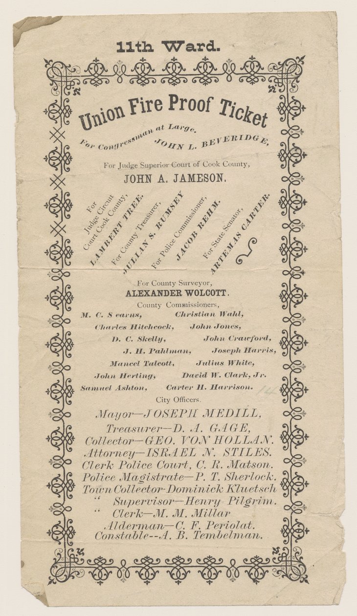 Folleto del boleto a prueba de fuego de la Unión del 11º Distrito, Chicago, 1871 de American School