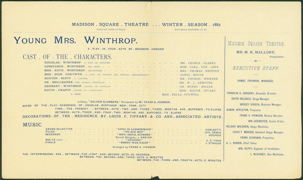 Teatro Madison Square, temporada de invierno 1882-83, programa para Young Mrs. Winthrop (interior), 1882 de American School