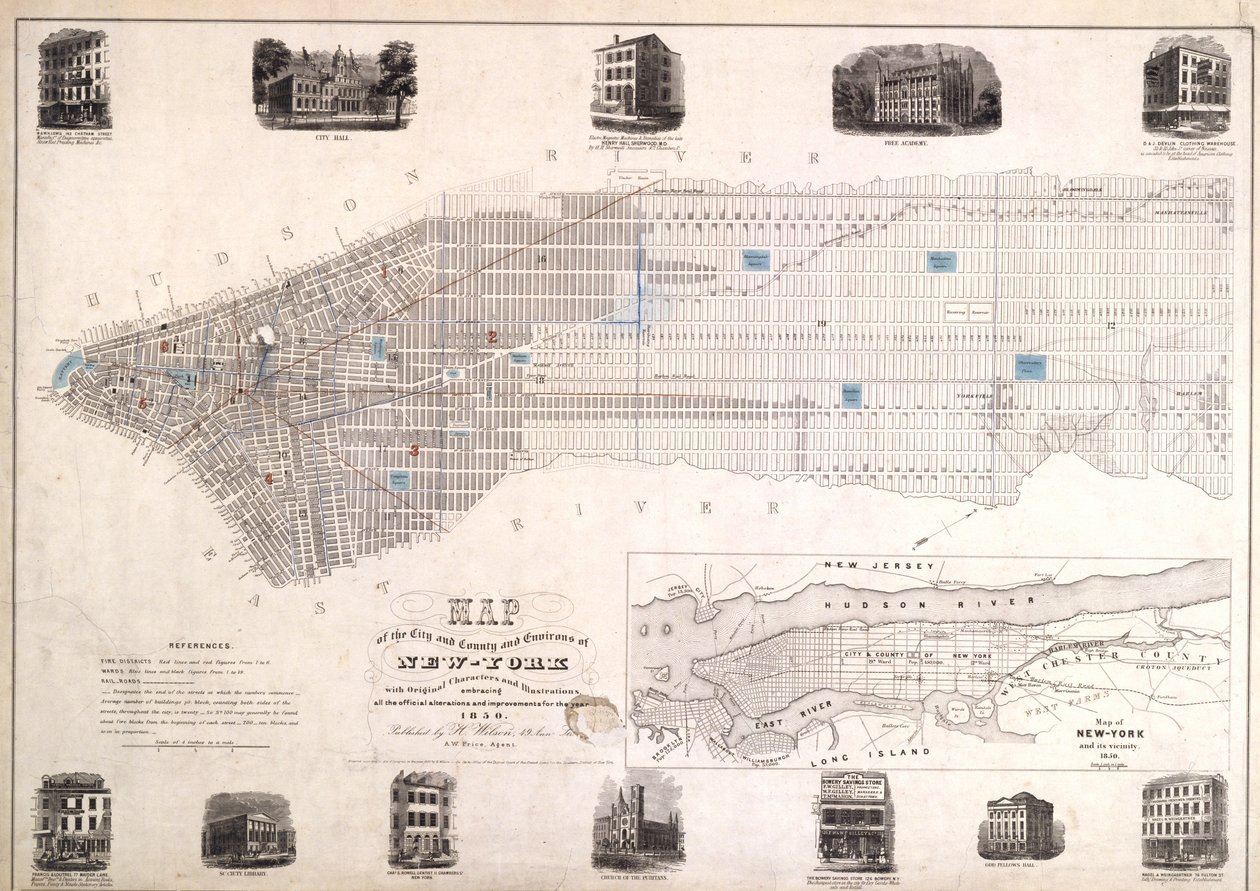 Mapa de la ciudad y los alrededores del condado de Nueva York con caracteres originales e ilustraciones, 1850 de American School