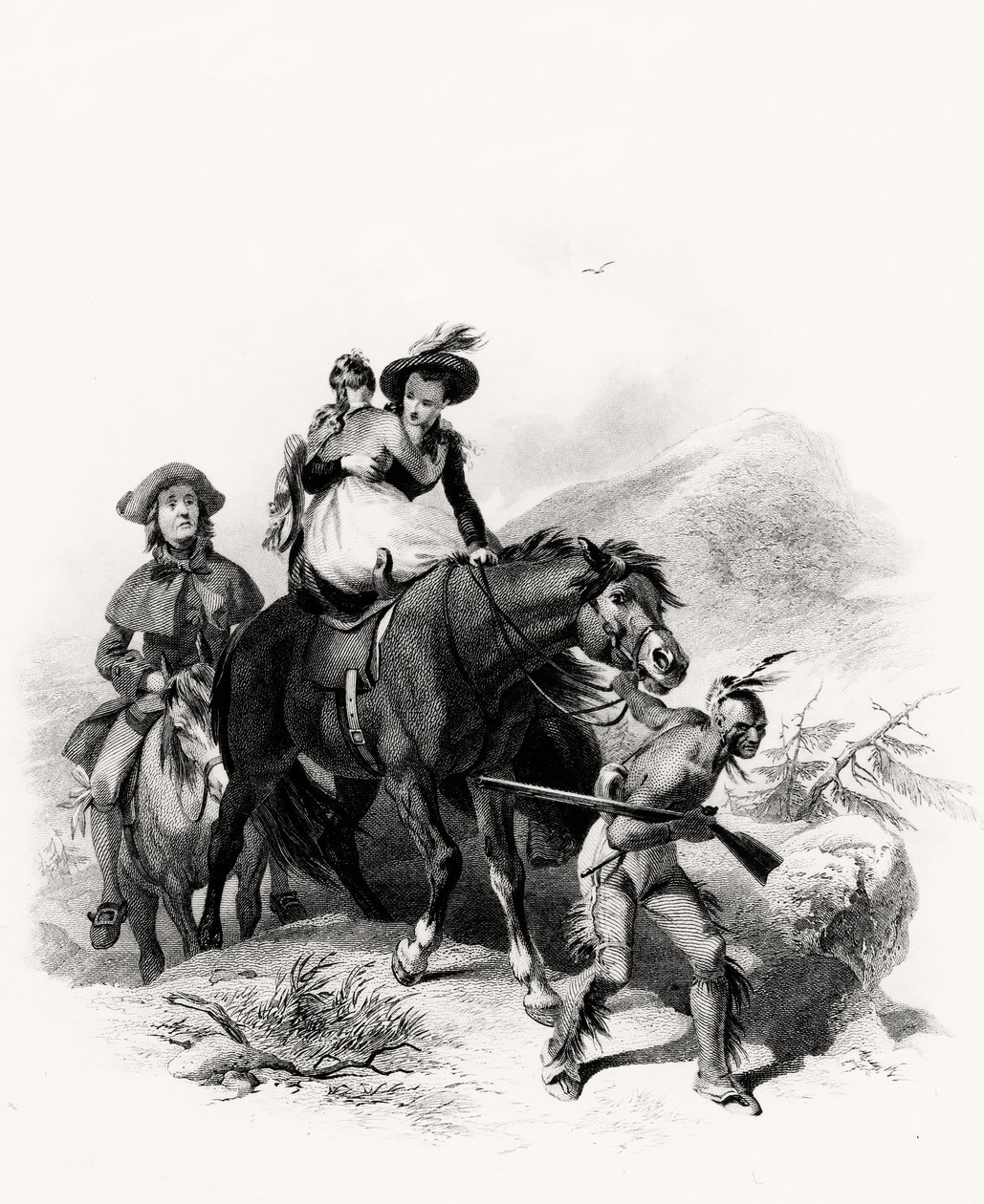 Colocando a Alice en el mismo caballo con Cora, tomó las riendas y comenzó su ruta adentrándose más en el bosque, ilustración de El último de los mohicanos, de James Fennimore Cooper, 1826 de American School