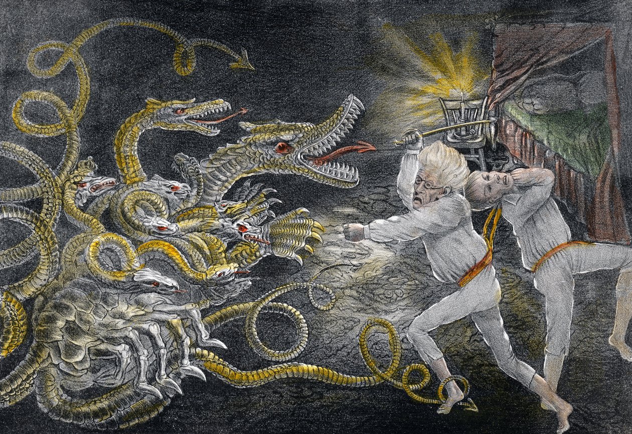 Quijotismo político mostrando las consecuencias de dormir con gafas mágicas patentadas, el Hércules diplomático atacando a la Hidra política, pub. 1833 de American School