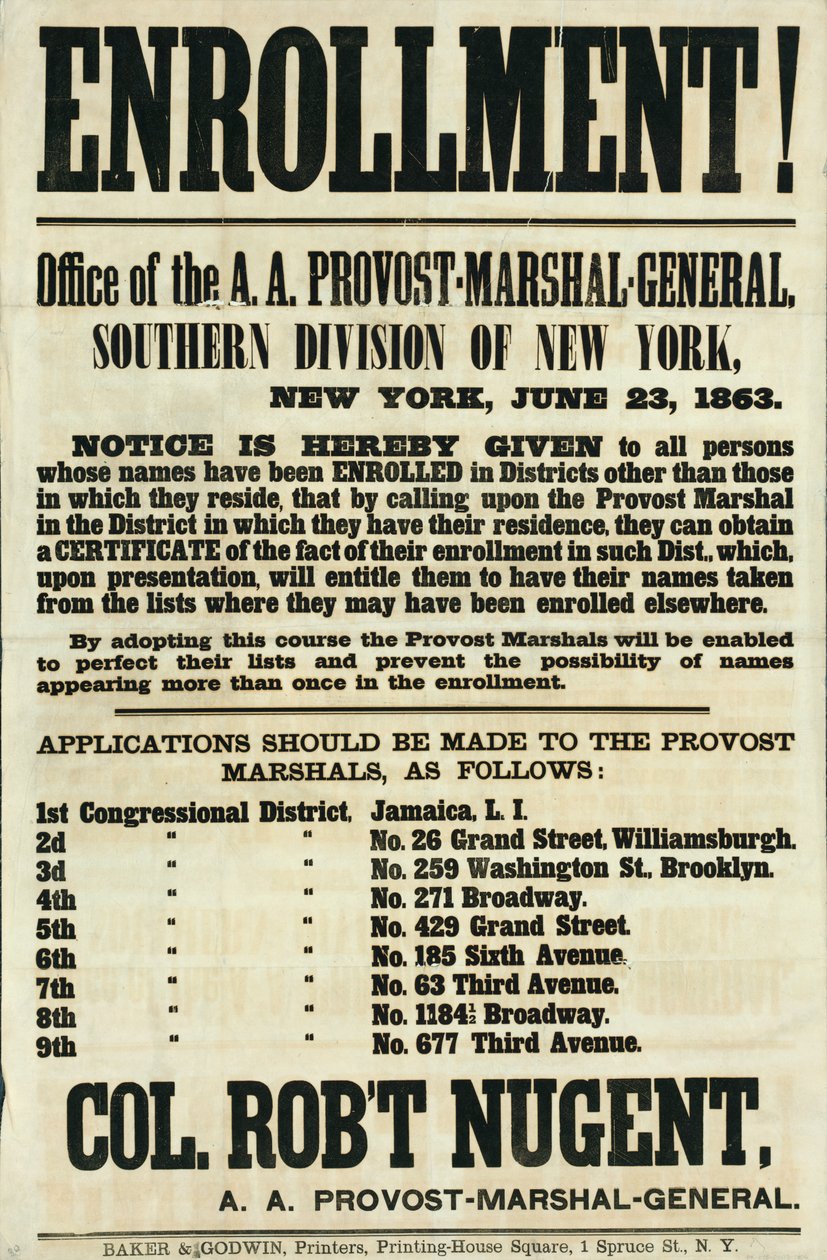Póster de Reclutamiento para la División Sur de Nueva York, 23 de junio de 1863 de American School