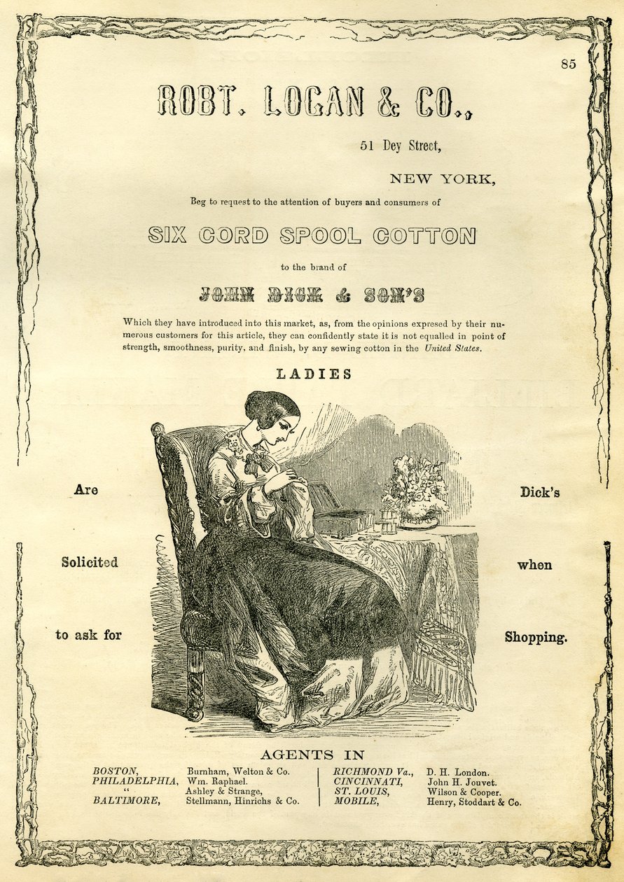 Robt. Logan & Co., 51 Dey Street, Nueva York - Solicitan la atención de compradores y consumidores de Hilo de Carrete de Seis Cordones a la marca de John Dick & Sons de American School