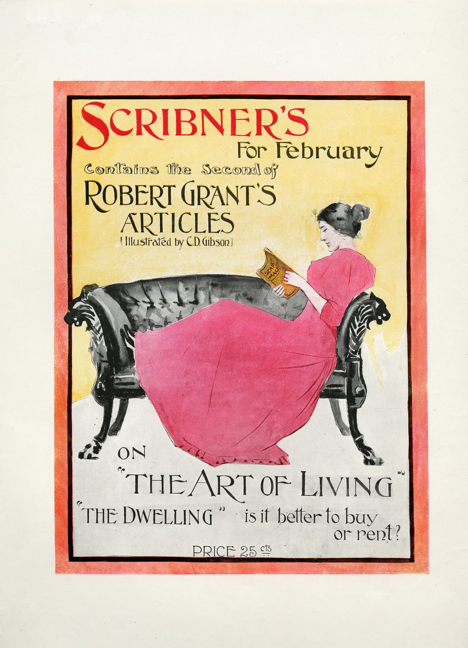 Scribners para febrero de 1895, contiene el segundo de los artículos de Robert Grant ilustrados por C.D. Gibson sobre El arte de vivir, La vivienda: ¿es mejor comprar o alquilar?, 1895 de American School