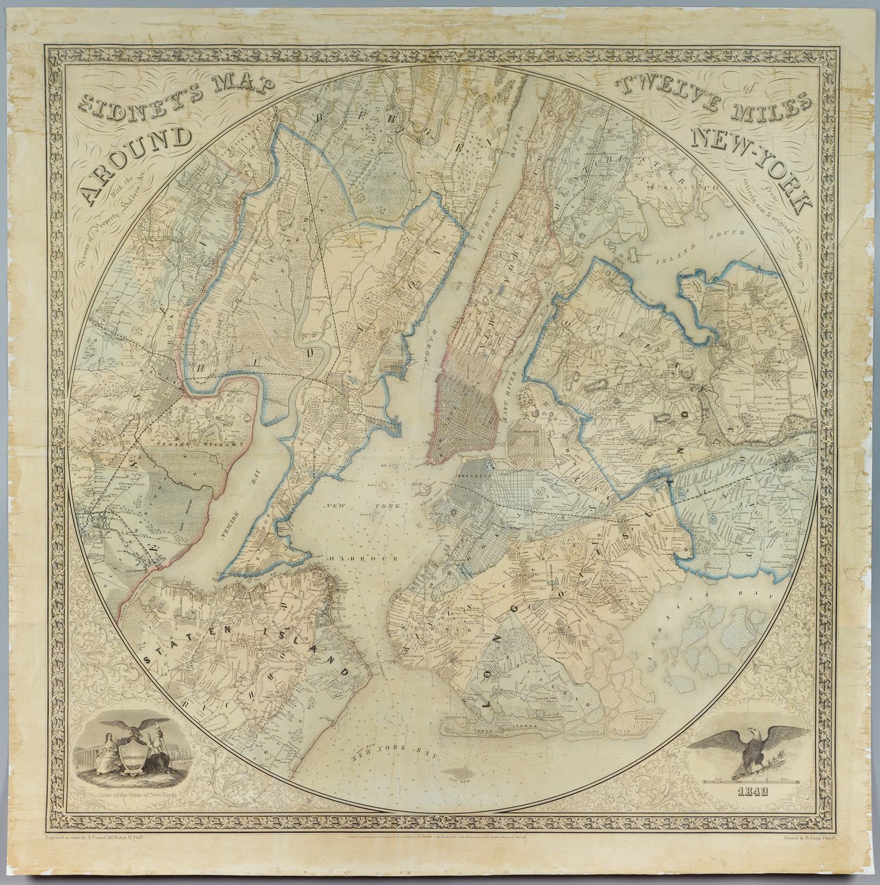 Mapa de Sidney Doce Millas Alrededor de Nueva York, litografía de Norman Friend, impreso por John Henry Camp, 1849 de American School