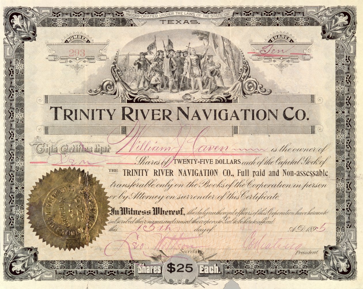 Acción de la Compañía de Navegación del Río Trinity, 1895 de American School