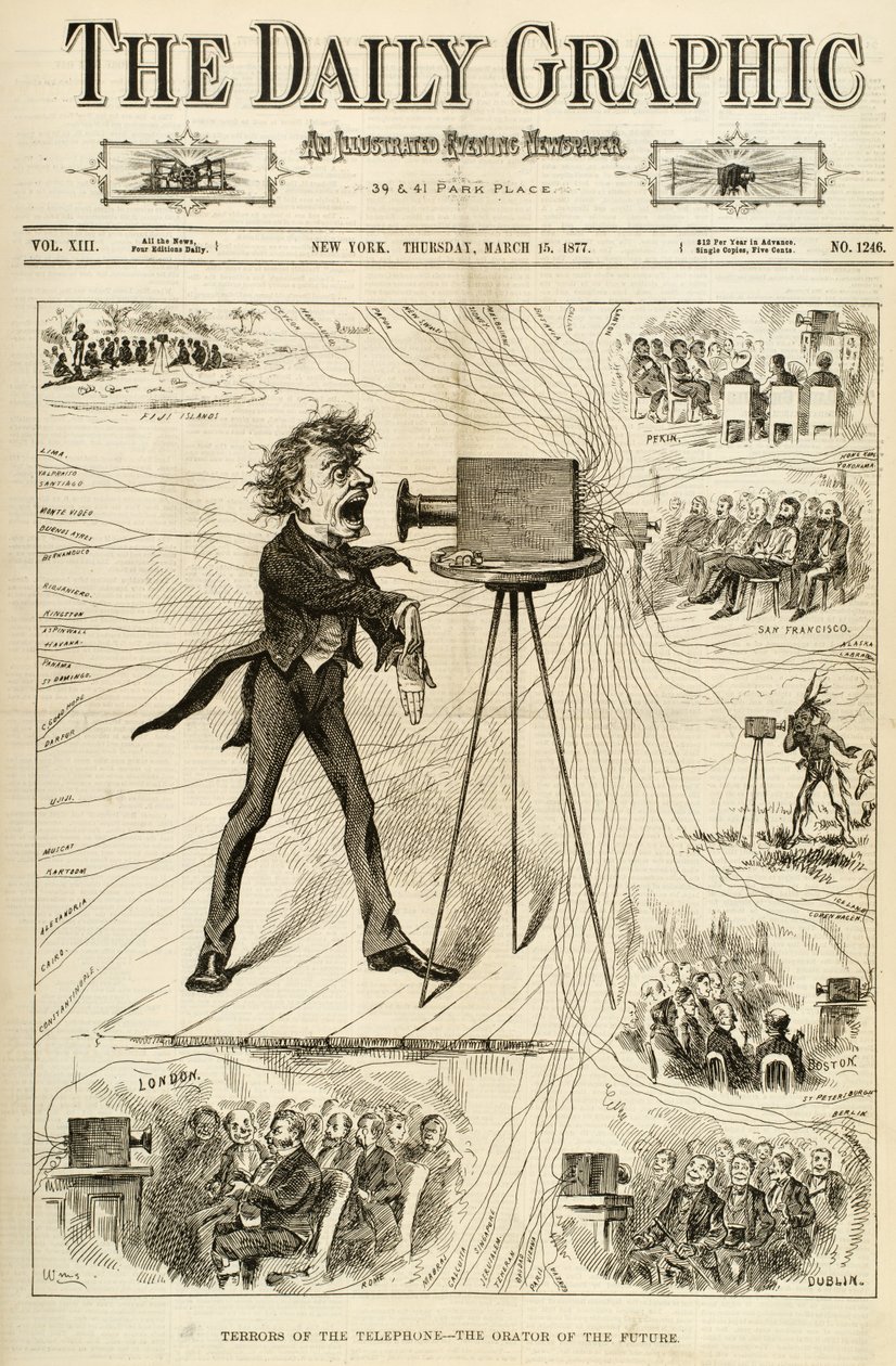 Los terrores del teléfono, ilustración de The Daily Graphic, 15 de marzo de 1877 de American School