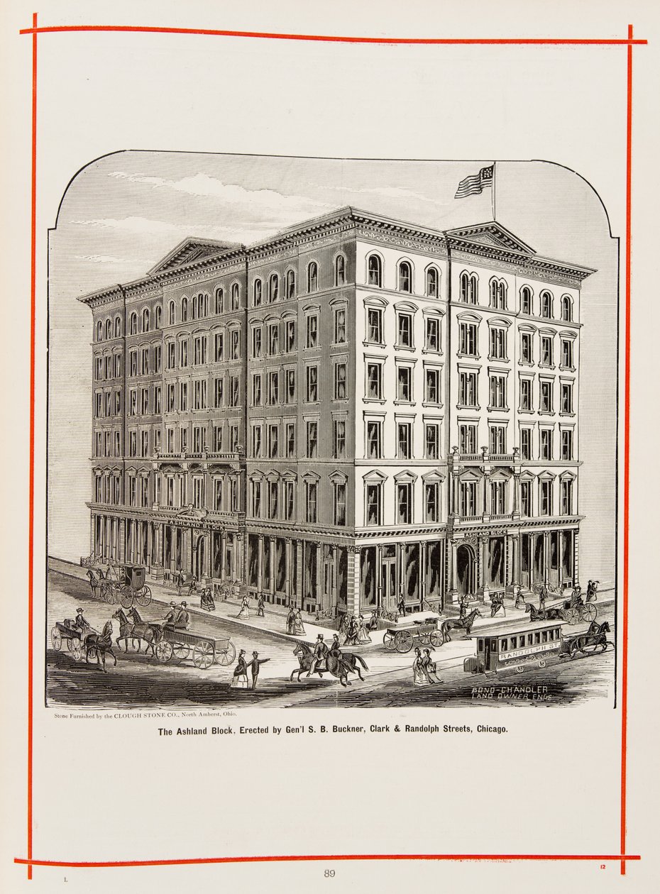 El Ashland Block en Clark y Randolph Streets, Chicago, Ilustración en The Merchants and Manufacturers of Chicago Illustrated, 1873 de American School