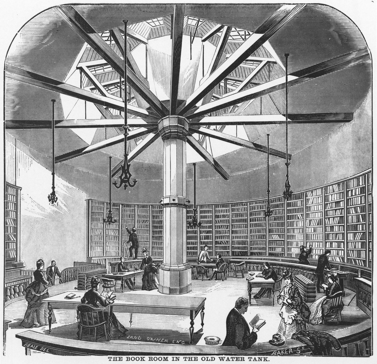 La sala de libros en el antiguo tanque de agua, de Los comerciantes y fabricantes de Chicago, publicado por J.M. Wing & Co., 1873 de American School