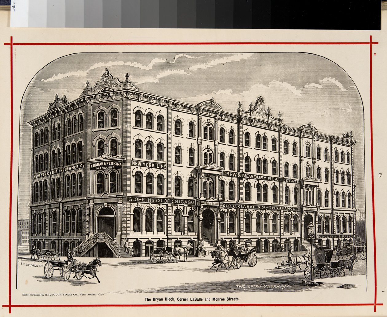 El Bryan Block, esquina de LaSalle y Monroe Streets, Chicago, Ilustración en The Merchants and Manufacturers of Chicago Illustrated, 1873 de American School