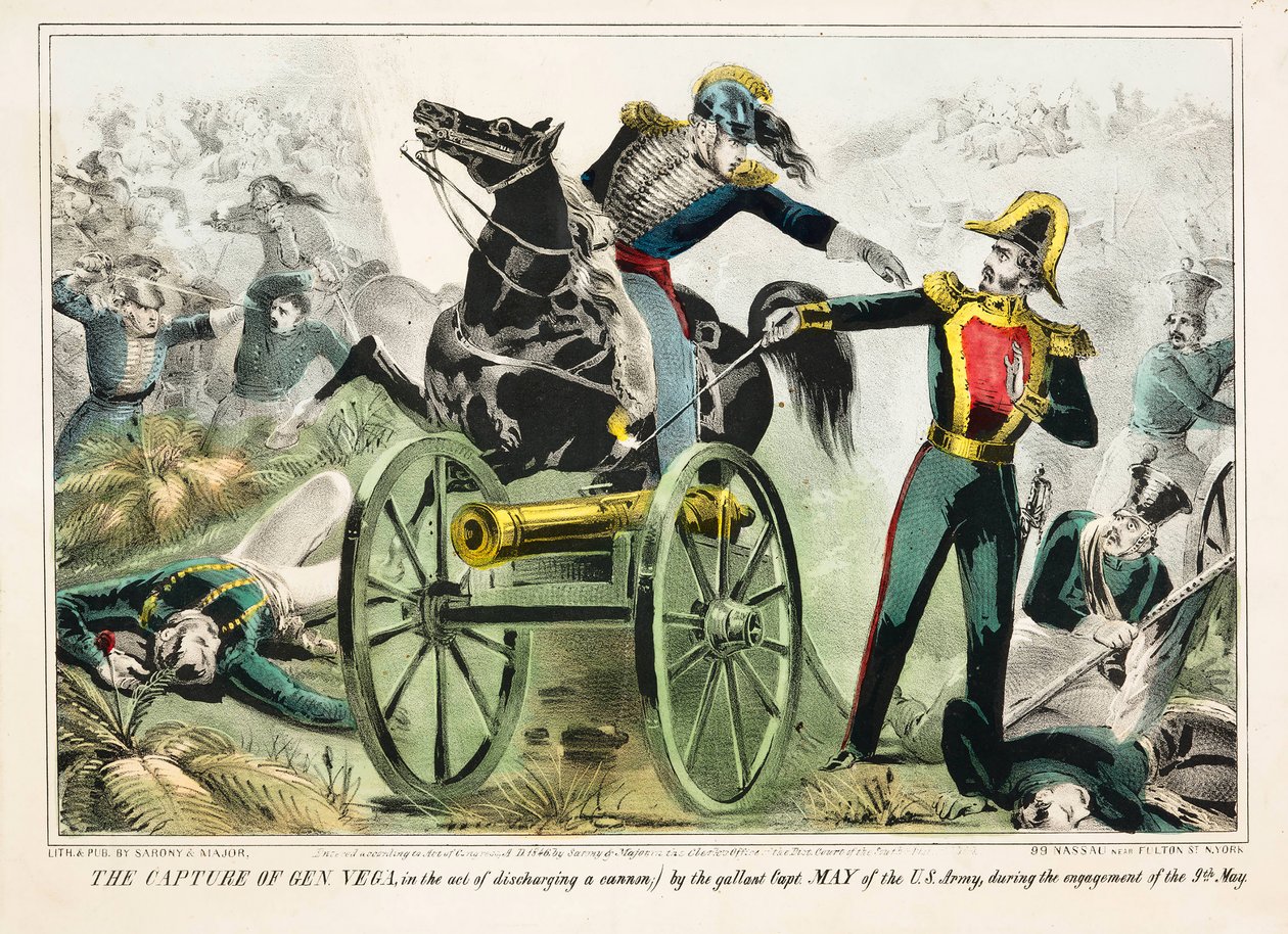 La captura del General Vega, en el acto de disparar un cañón, por el valiente Capitán May del Ejército de EE.UU., durante el enfrentamiento del 9 de mayo, pub. 1846 de American School