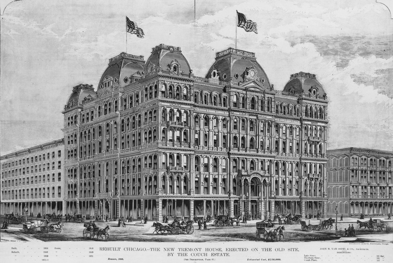 La Nueva Tremont House, ilustración de Land Owner, suplemento de marzo de 1873 de American School