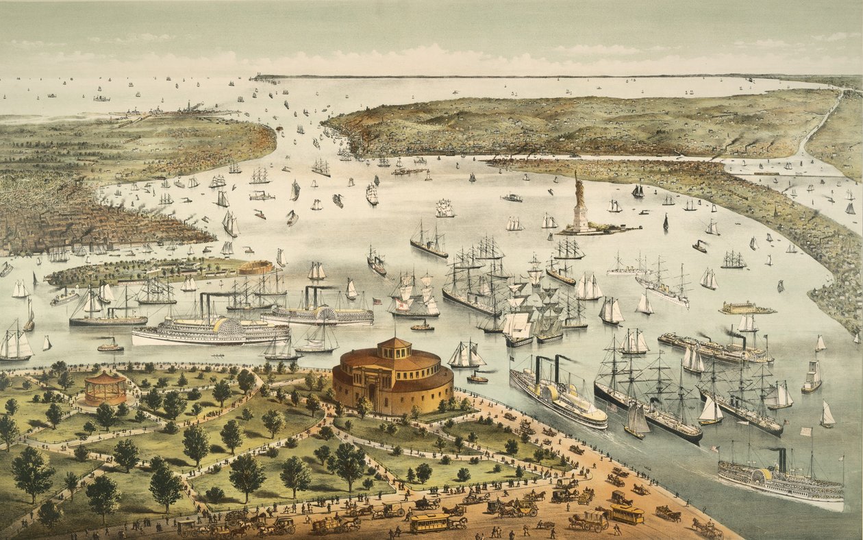 El puerto de Nueva York: vista de pájaro desde Battery, mirando al sur, pub. 1892 de American School