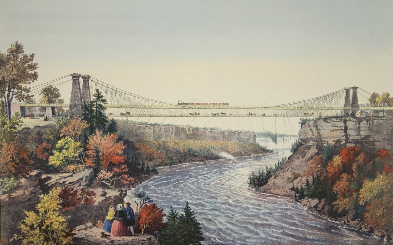 El puente colgante del ferrocarril, cerca de las Cataratas del Niágara, 1856 de American School