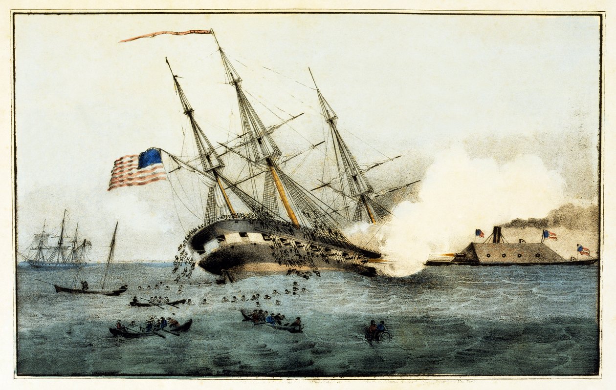 El hundimiento del Cumberland por el Merrimac acorazado, cerca de Newport News, Va., 8 de marzo de 1862, pub. 1862 de American School