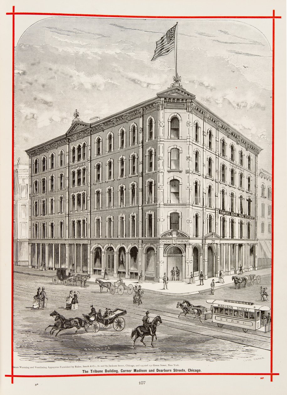 El edificio Tribune en la esquina de Madison y Dearborn Streets, Chicago, Ilustración en The Merchants and Manufacturers of Chicago Illustrated, 1873 de American School