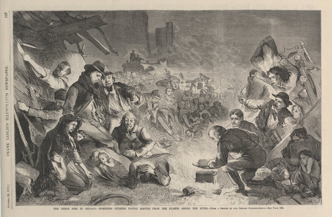 El gran incendio en Chicago - ciudadanos sin hogar refugiándose entre las ruinas, ilustración de Frank Leslies Illustrated Newspaper, 1871 de American School